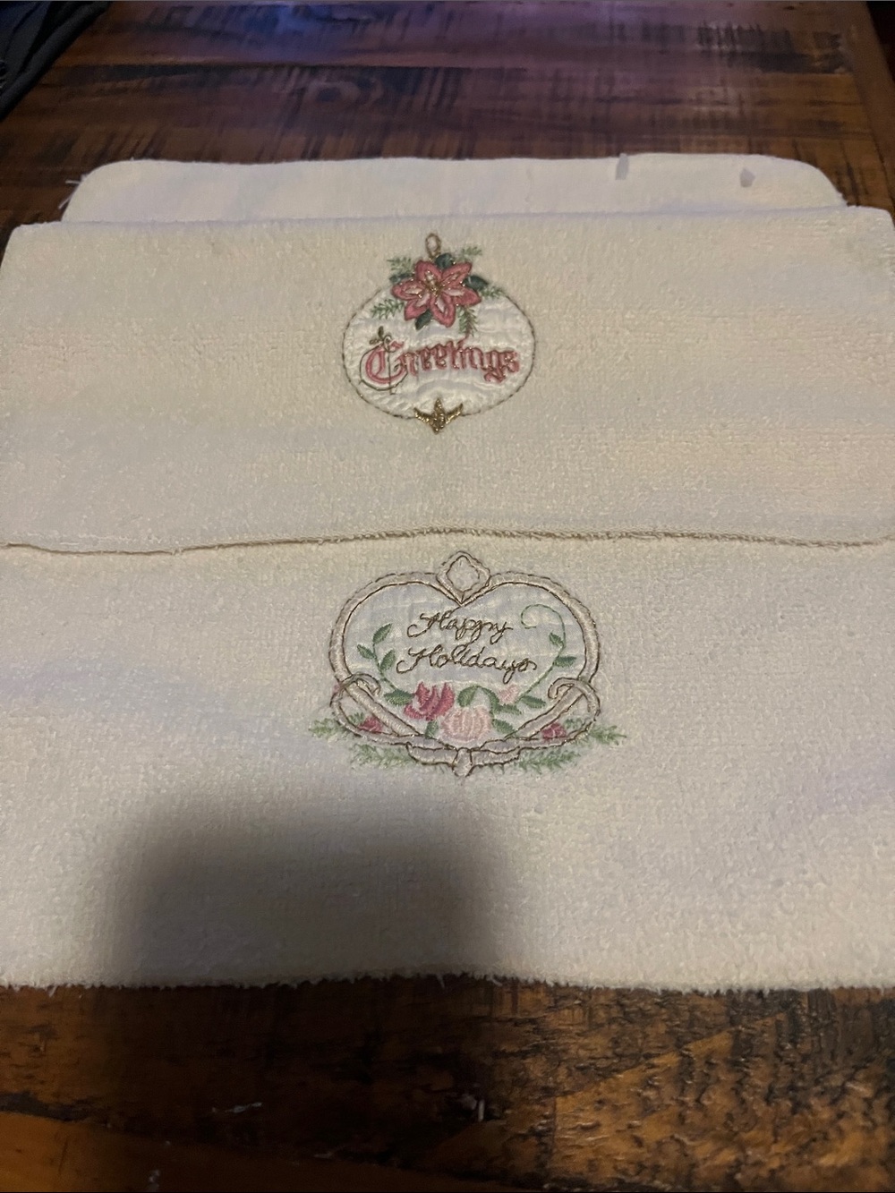 Cream "Happy Holidays" Embroidered wash cloth- Holiday Floral Design